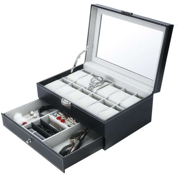 

watch boxes cases 12 slot pu leather lockable watch storage boxes men women jewelry display drawer case 2-tier organizer watch showcase 2303, Black;blue