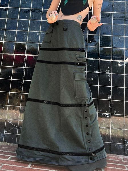 

skirts 2000s y2k vintage cargo maxi elastic high waist detachable patchwork zipper slim long skirt streetwear 230324, Black