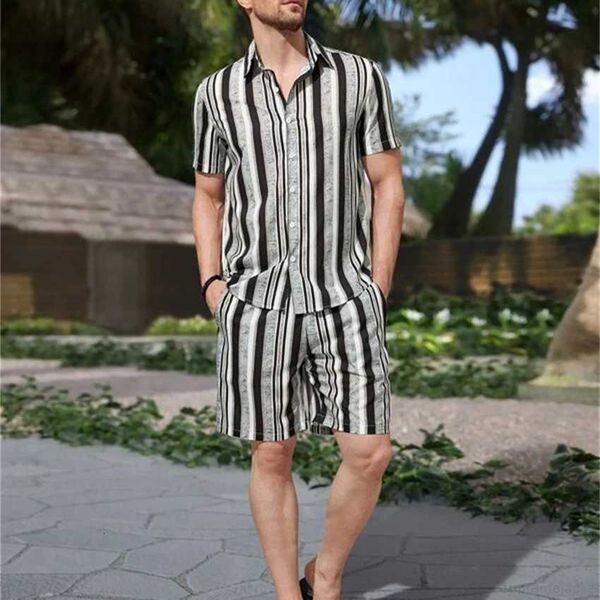 

2023 summer new european men's print set hawaii beach short sleeve shirt print shorts two-piece, White;black