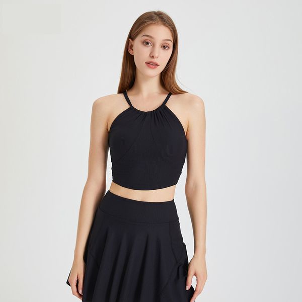 

lu women sports bra ribbed beauty back yoga bras chest pad fold halter neck camisole fitness vest workout tanks