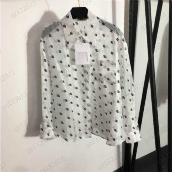 

womens blouses brand logo flocked print lapel long sleeves shirts single row button open perspective style sunscreen blouse women, White