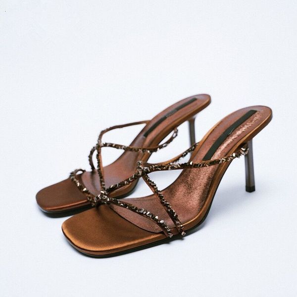 

sandals summer crystal strap women slides thin heel square toe outside sandals 230324, Black