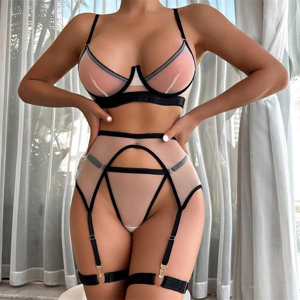 

erotic lingerie 3- pieces with garters fancy half cup bra and thongs women transparent underwear sets, Black;white