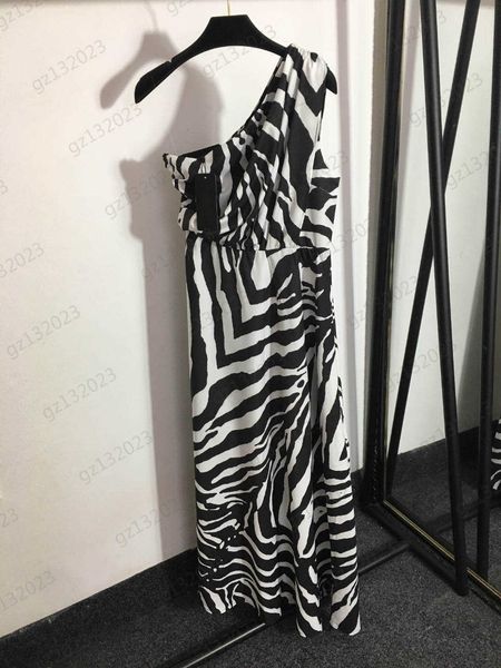 

designer womens dresses zebra print diagonal shoulder sleeveless vest dress high waist line pleated design fashion slim version brand maxisk, Black;gray