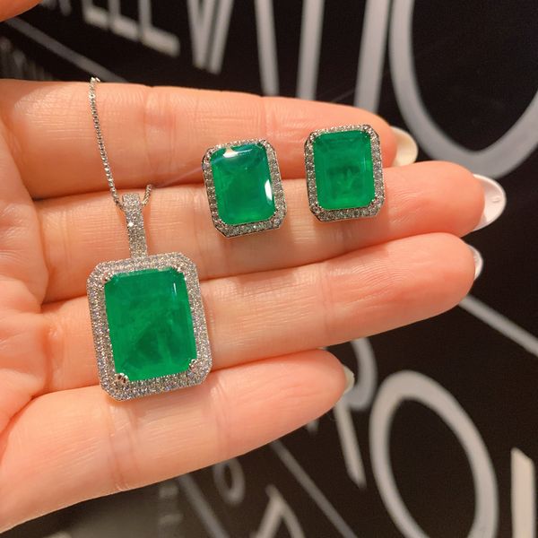 

square lab emerald diamond jewelry set 925 sterling silver bijou party wedding earrings necklace for women bridal jewelry gift, Slivery;golden