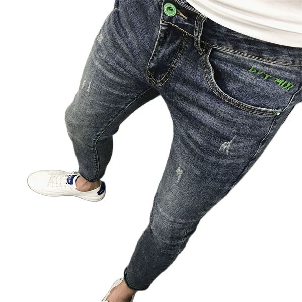 

men's pants jeans for men skinny embroidered casual male scratches slim korean trendy harajuku cowboy pencil 230324, Black