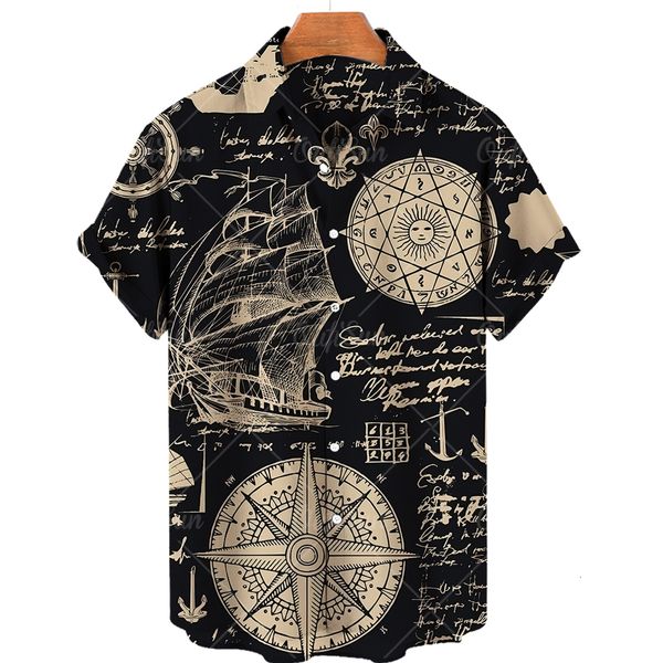 

men's casual shirts retro men's hawaiian shirt plus size shirt sailboat compass marine 3d print retro men's shirt loose short, White;black