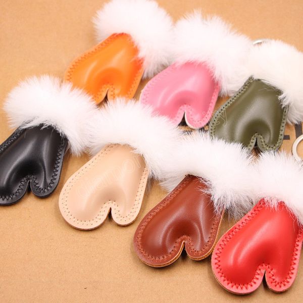 

faux fur keychain women men cute plush gloves shape key ring leather pendant keychain bag car key decor fashion jewelry gift, Silver