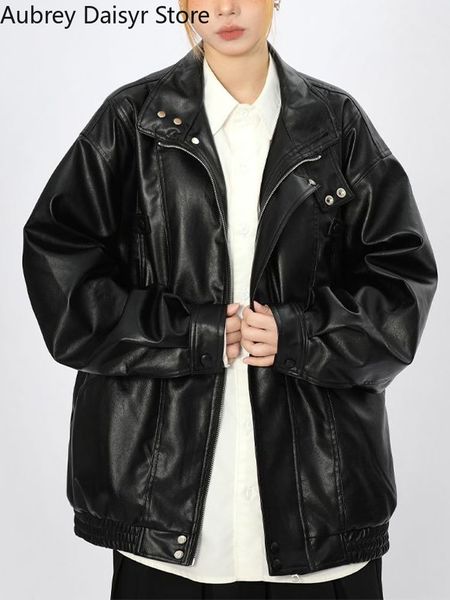 

women's jackets streetwear loose black leather women punk fashion trend biker zipper high street vintage chic coat 230324, Black;brown