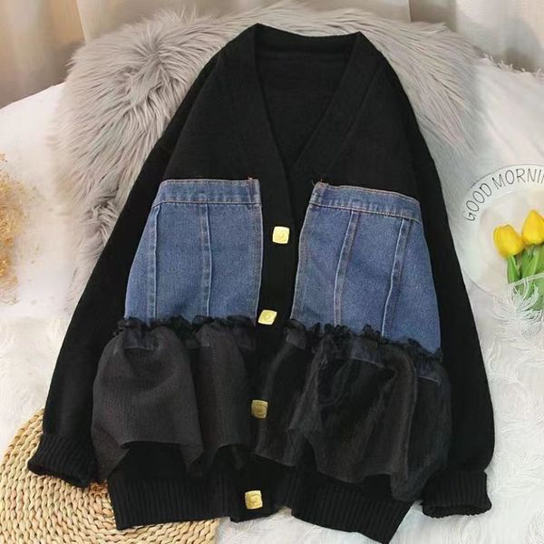 

women's knits tees fashion quality spring autumn street versatile women cardigan sweater jacket denim folding female 230324, White