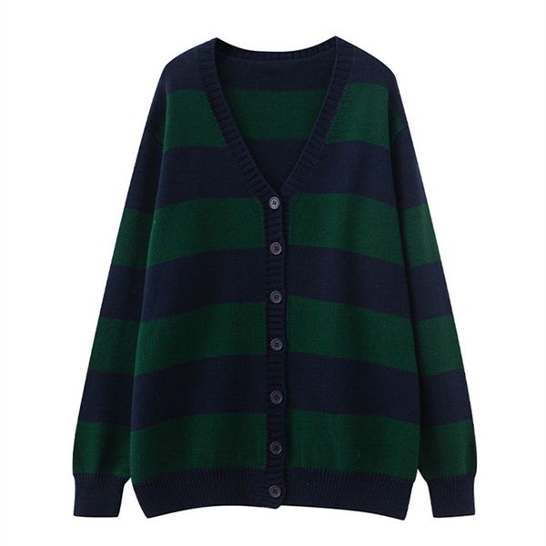 

women's knits tees puwd vintage women v neck stripe knitted cardigan autumn fashion ladies loose cotton sweaters girls chic knitwear 2, White