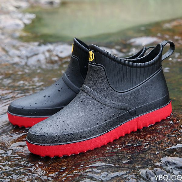 

rain boots men non-slip waterproof rain boots short tube footwear kitchen work fishing car wash rubber shoes novelty fashion 230324, Black;red