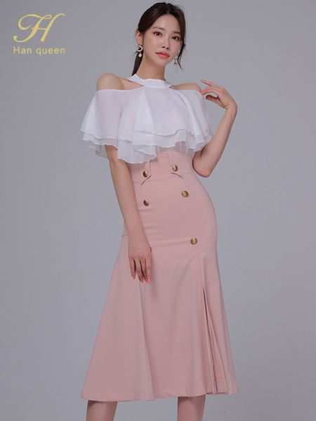 

two piece dress h han queen 2 pieces set women summer off the shoulder blouses and high waist sheath mermaid skirts office lady skirt suit 2, White