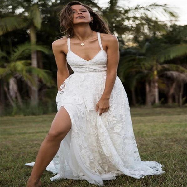 

lace beach wedding dress spaghetti straps chic backless boho rustic bride dresses 2023 spanish custom korean bridal gowns vestidos de novia, White