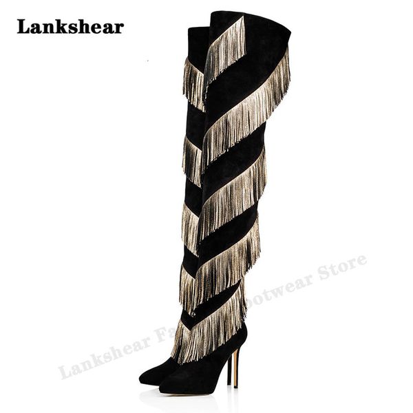 

boots black suede gold pu tassel stiletto thigh boots thick heel pointed toe western style long boots ladies plus size 34-46 230324