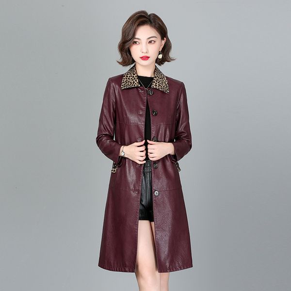 

women's jackets women sheepskin trench coat spring autumn fashion leopard collar slim leather chic long outerwear split 230324, Black;brown