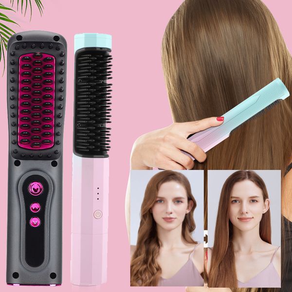 

hair straighteners usb wireless professional straightener curler comb fast heating negative ion straightening curling brush girl styling too, Black