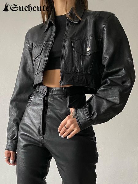 

women's jackets suchcute punk style black leather bomber motorcycle button up lapel crop women wide long sleeve gothic clothes 230324, Black;brown