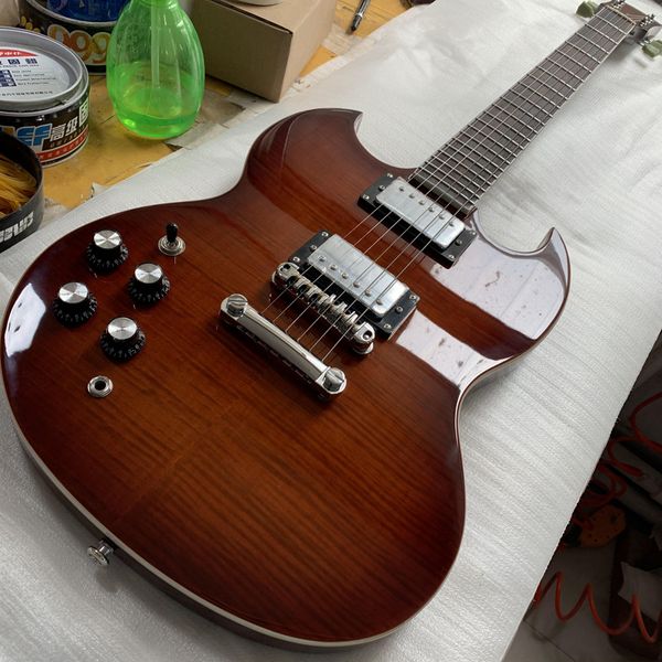 

left customized electric guitar, rosewood fingerboard brown guitar,chrome-plated hardware,flame maple top