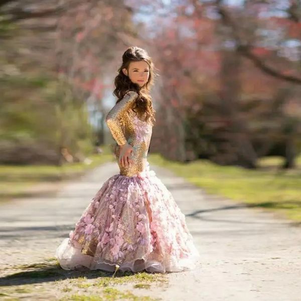 

new long sleeves sequins gold mermaid flower girls dresses lace appliques kids formal party wear communion graduation wear for child custom, White;blue