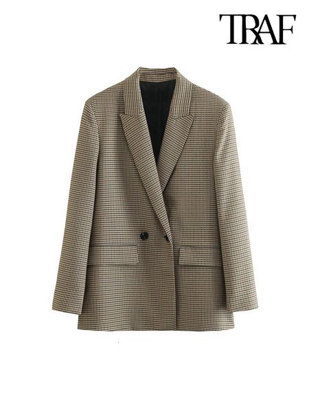 

women's suits blazers traf women fashion plaid double breasted blazer coat vintage long sleeve flap pockets female outerwear chic veste, White;black