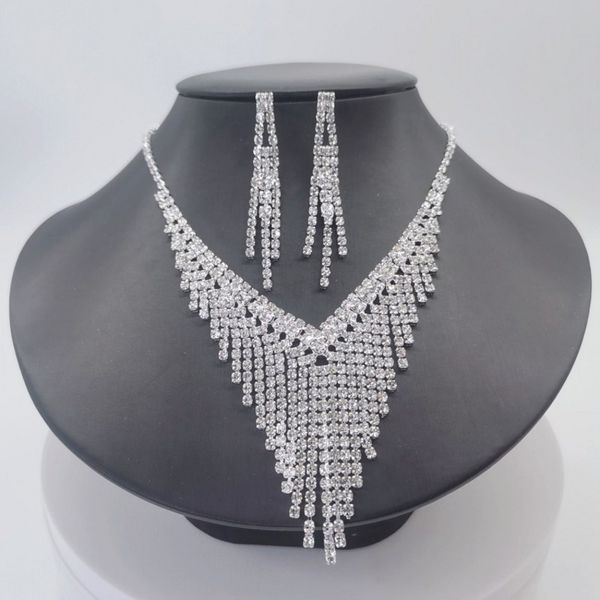 

10 sets/lot pendant necklace earring suit inlaid zircon rhinestone twinkle bridal decorate adjeustable length non fading party wedding jewel, Silver