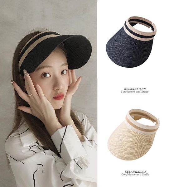

girl summer korean versatile sun hat travel summer fashion sun hat empty bowknot shading straw hat4832830, Blue;gray