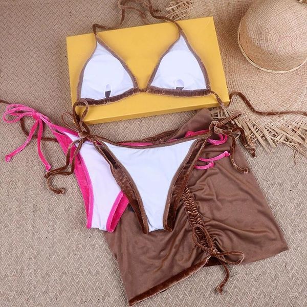 

designer bikini classics velvet 3 piece bikini set brazilian skirt swimming suit designer swimsuit women biquini 2023 push up bathing suits, Black