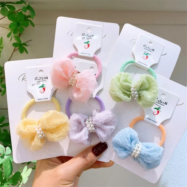 

spring new korean sweet girl princess temperament ponytail hair accessories children's colorful mesh pearl bowknot hair rope, Slivery;white