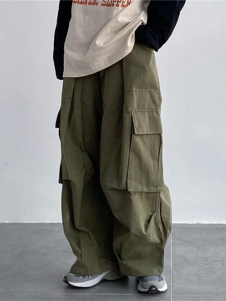

men's pants houzhou japanese streetwear green cargo pants women y2k hippie kpop harajuku oversize wide leg trouser female pockets sweat, Black