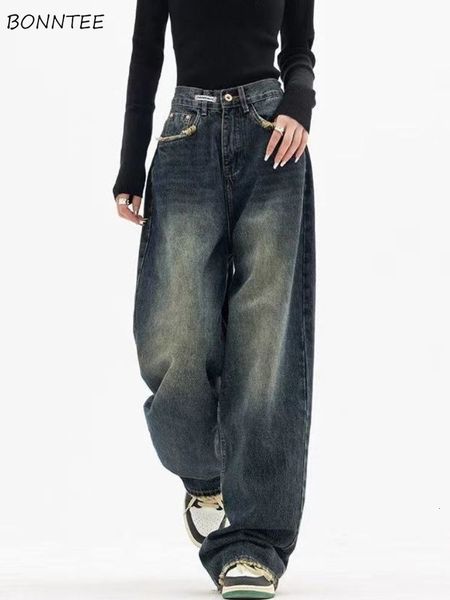 

women's jeans wide leg jeans women elegant casual korean fashion style high waist daily retro washed vintage streeetwear chic all-match, Blue