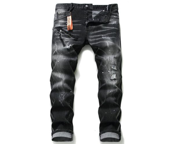 

men039s jeans ripped patches paint dots stitching slim fit stretch pants 1010 1155784256, Blue