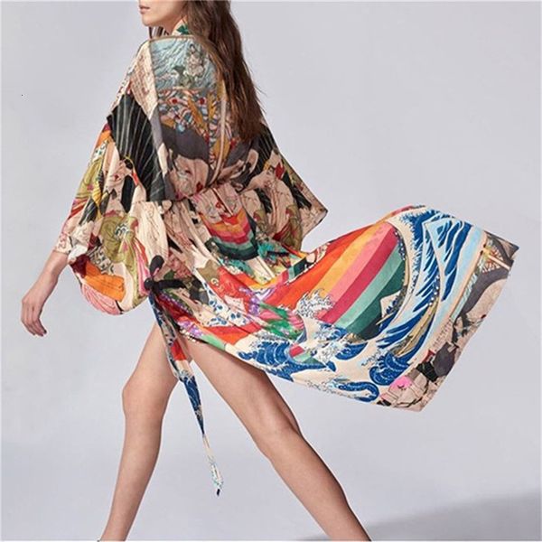

women's swimwear summer women fashion print long sleeve cardigan female blouse loose casual cover up shirts beach kimono blusas 230323, White;black