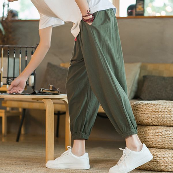 

men's pants japanese large size cotton linen loose harem street jogging ninth sports and ankle trousers 230323, Black