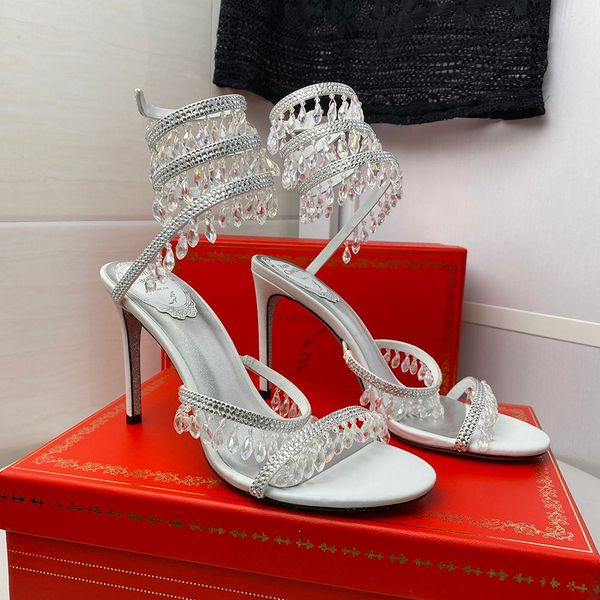 

women sandal crystals embellished rhinestone heels sandals rene caovilla cleo 95mm designers ankle wraparound high heeled slides flower, Black