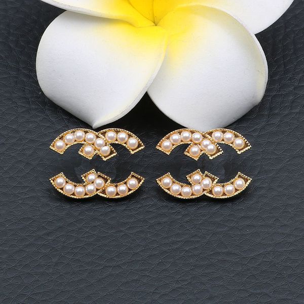 

18k gold pearl ear stud earrings brand designers diamond double letters geometric women earring wedding party jewelry classic style earring, Golden;silver