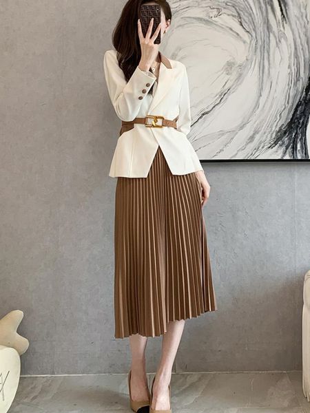 

two piece dres's casual blazers skirt suit autumn korean elegant longsleeved temperament waist slim pleated 2 230324, White