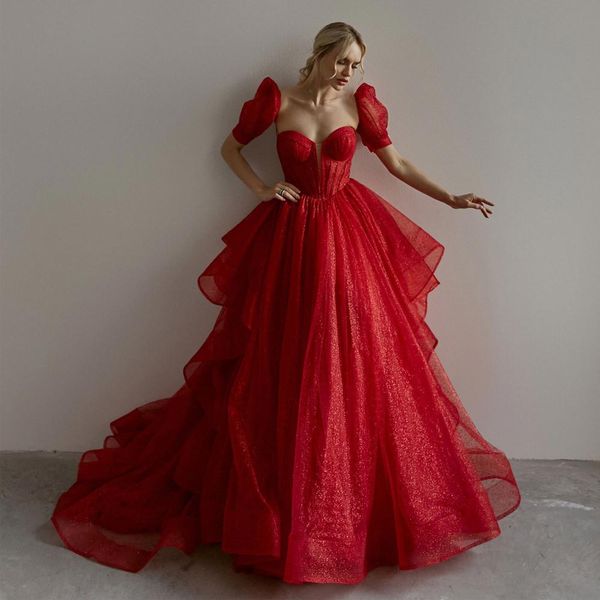 

red shining prom dresses a line sequined evening gowns short sleeves sweetheart neckline ruffled sweep train tulle formal dress, Black