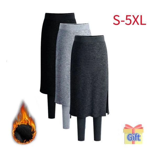 

women's leggings fake 2pc culottes leggings women warm winter tights thermal pants skirts fleece leggins sweatpants plus size clothes l, Black