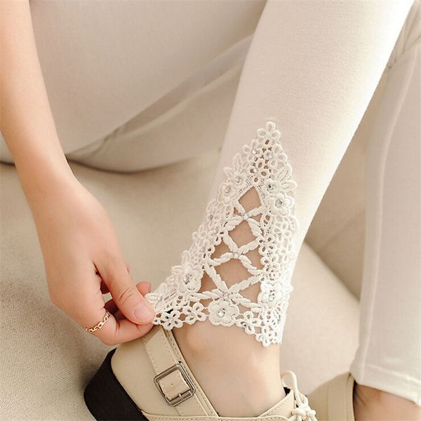 

women's leggings ljcuiyao women leggings mujer diamond lace fitness elastic high waist casual pants white black splicing hollow out bot
