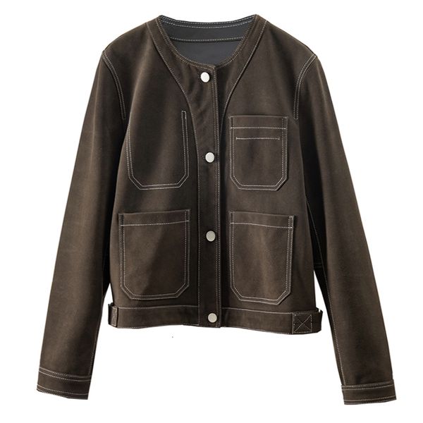 

women's jackets kid suede highquality genuine leather casaco feminino pockets real women oneck blazer femme 230324, Black;brown
