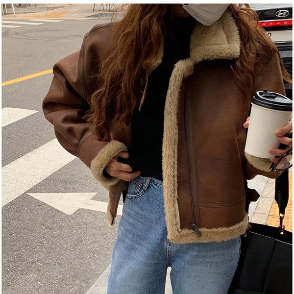 

women's jackets winter lamb fur coat deerskin brown integrated motorcycle suit loose street retro women 230324, Black;brown