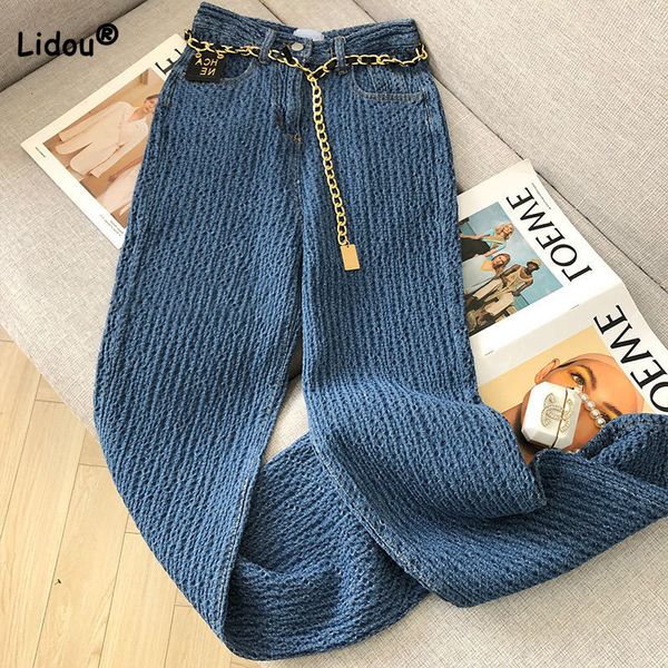 

women's jeans autumn all-match higt waist pockets patchwork button wide leg pants washed zipper loose advanced blue women straight jean