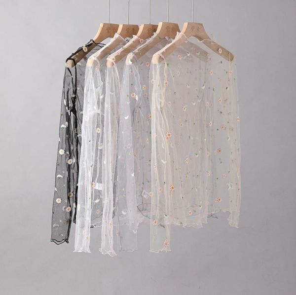 

mesh crop women's t-shirt long sleeve mock neck floral embroidery sheer see through tee shirt daisy floral blouse black white pink apri