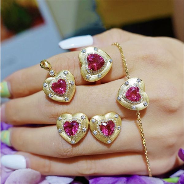 

14k gold lovers heart ruby diamond jewelry set 925 sterling silver engagement wedding bracelet rings earrings necklace for women, Slivery;golden
