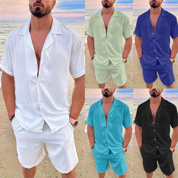 

2023 hawaiian men's summer polo collar cotton linen solid short sleeve shorts set, White;black