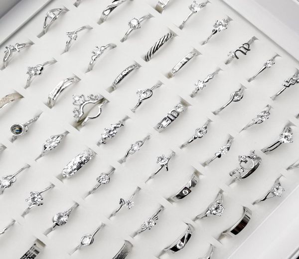 

whole 100pcs sparkling silver rings fashion simple women039s wedding band rings mixed style gift party engagement jewelry8866693