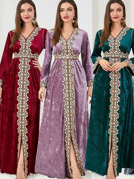 

ethnic clothing winter velvet muslim dress women abaya embroidery morocco party dress thicken split abayas kaftan islam turkey arabic long r, Red