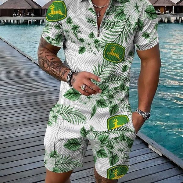 

fashion zipper polo suit men's casual 3d printed shorts, White;black