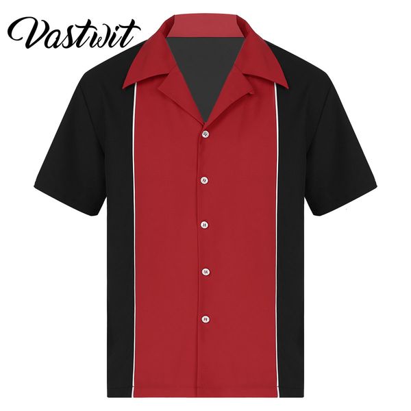 

men's casual shirts mens bowling shirts retro short sleeve button down casual 50s tee color block striped notched collar shirt 230324, White;black